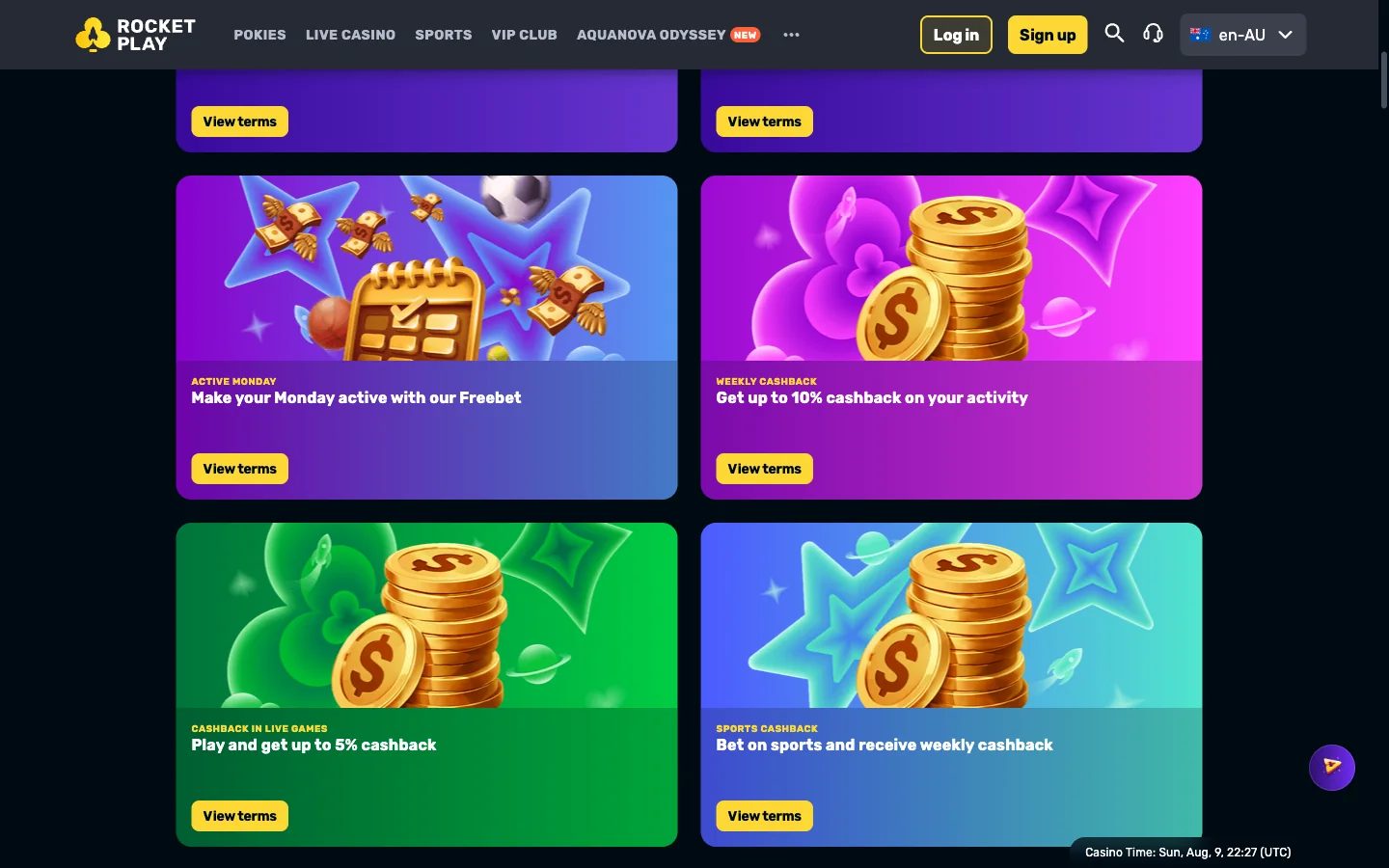 Rocket Play casino promo detail for Australia showing Active Monday, weekly cashback, live cashback and sports cashback tiles