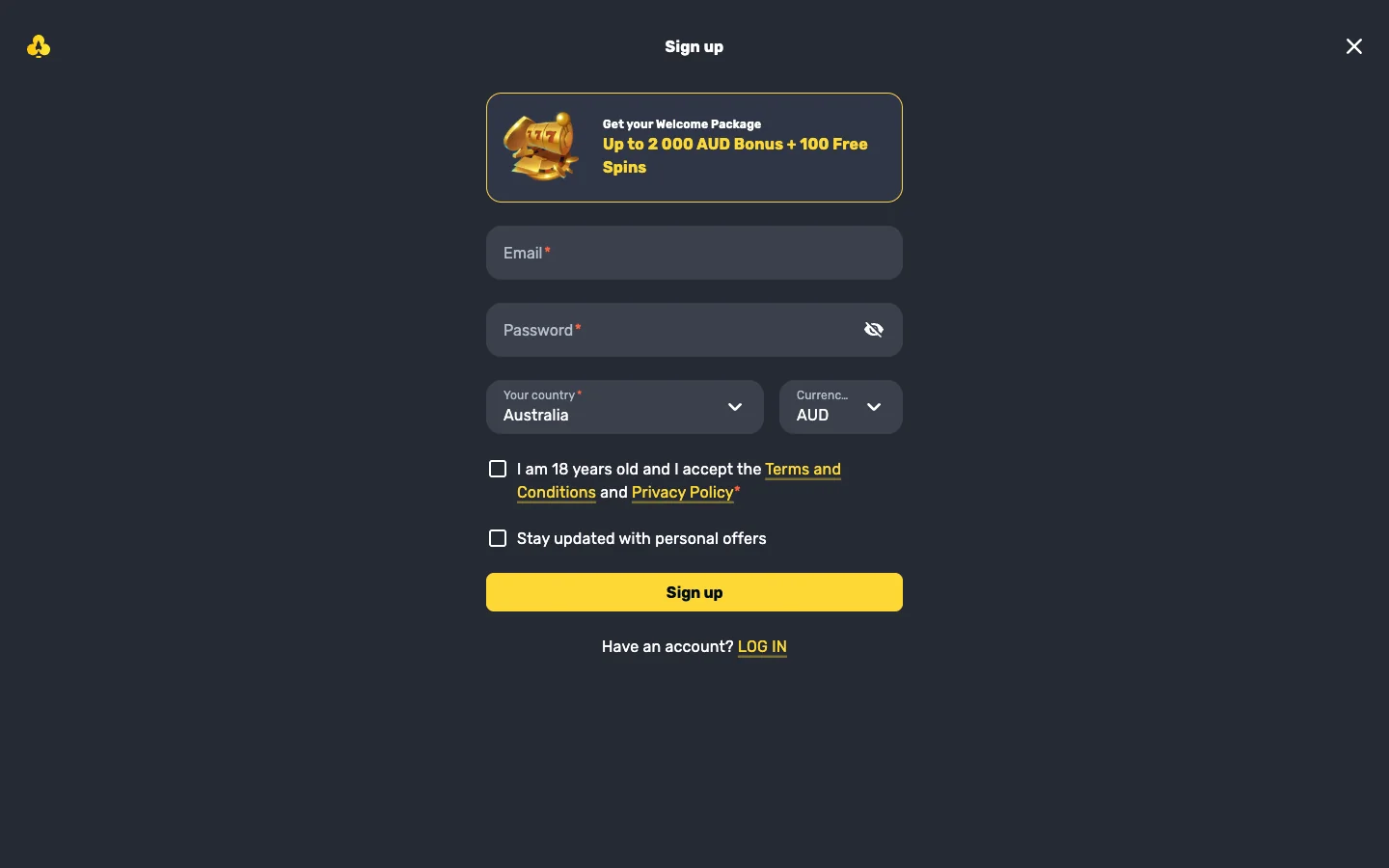The genuine Rocket Play Casino sign up form, useful for comparing against fake login pages